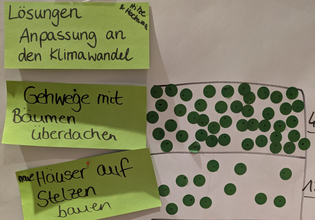 Zu sehen ist ein Ausschnitt einer Abstimmung zur Frage, wie Klimaanpassung gelingen kann. Gewählt wurde, dass Bürgersteige durch Bäume Schatten bekommen.